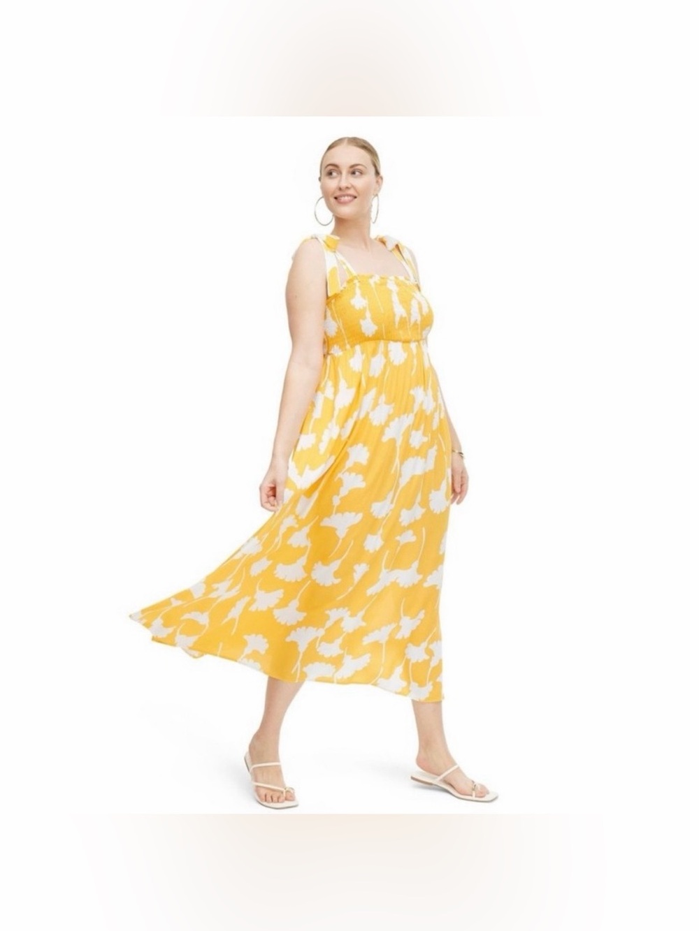 NWT Diane Von Furstenberg Women's Smocked Tie-Strap Ginkgo Yellow Midi‎ Dress 2X